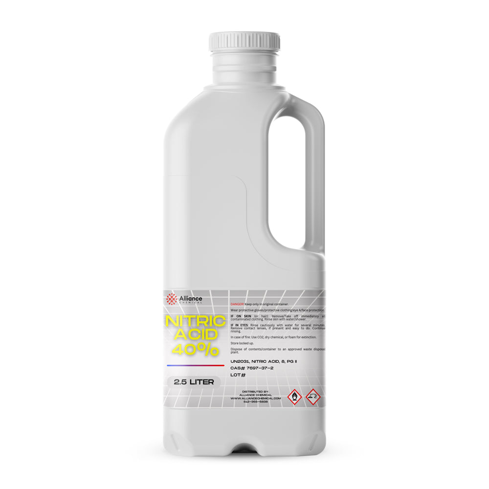 2.5L white HDPE bottle of 40% Nitric Acid by Alliance Chemical, featuring hazard warning symbols and industrial safety labeling, UN2031 classified.